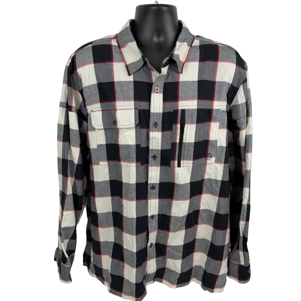 Wrangler ATG Mens XXL Plaid Flannel Shirt All Terrain Gear Elbow Patch Black Red